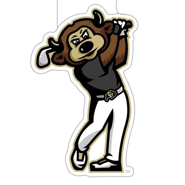 Sticker of a cartoon buffalo swinging a golf club, wearing CU belt and black and white outfit.